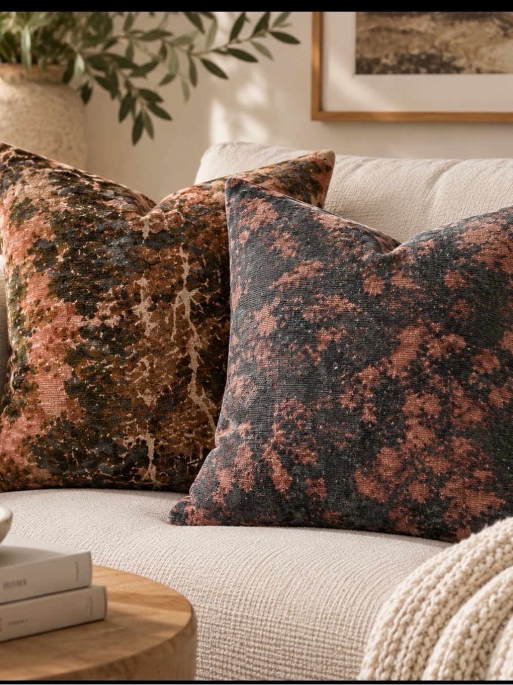 West Elm Set of 2 Abstract Botanical Throw Pillow Covers 20x20 Rust Charcoal